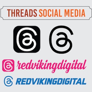 May include: A graphic illustration of the Threads social media logo. The logo is a stylized "@" symbol with a black background and white outline. The logo is shown in two versions: one with a black background and one with a white background. The text "@redvikingdigital" is shown in pink and blue below the logo.