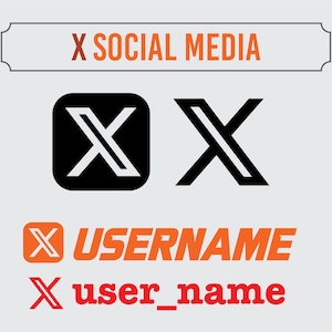 May include: A black and white logo with the letter X, with the text "X SOCIAL MEDIA" above it. Below the logo, the text "X USERNAME" is in orange and "X user_name" is in red.