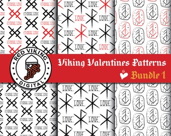 Viking Valentine Digital Paper: Black, White & Red Patterns (Digital Download)
