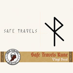 May include: A black vinyl decal featuring the Safe Travels rune symbol. The text SAFE TRAVELS is printed in a stylized font. A circular logo for Red Viking Digital is present, along with the text Safe Travels Rune Vinyl Decal on a tan banner.