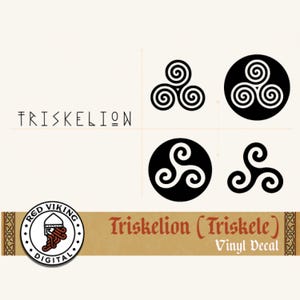 May include: A set of four black triskelion symbols displayed in a grid. Two symbols are open, and two are enclosed in black circles. The text TRISKELION appears on the left. A tan banner at the bottom features the text Red Viking Digital, Triskelion (Triskele), and Vinyl Decal.
