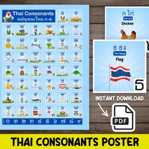 Póster del alfabeto tailandés para niños Póster con consonantes tailandesas para aprender tailandés (descarga digital)