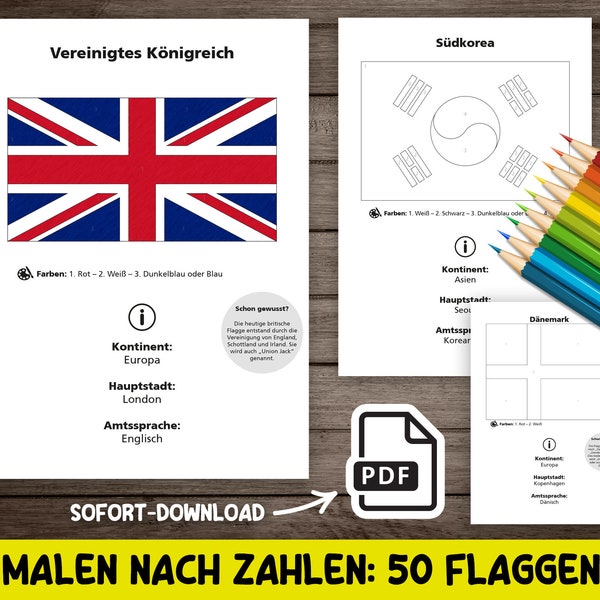 Flaggen der Welt Malbuch mit 50 Erdkunde Ausmalbildern von Flaggen für Kinder (digitaler Download PDF)