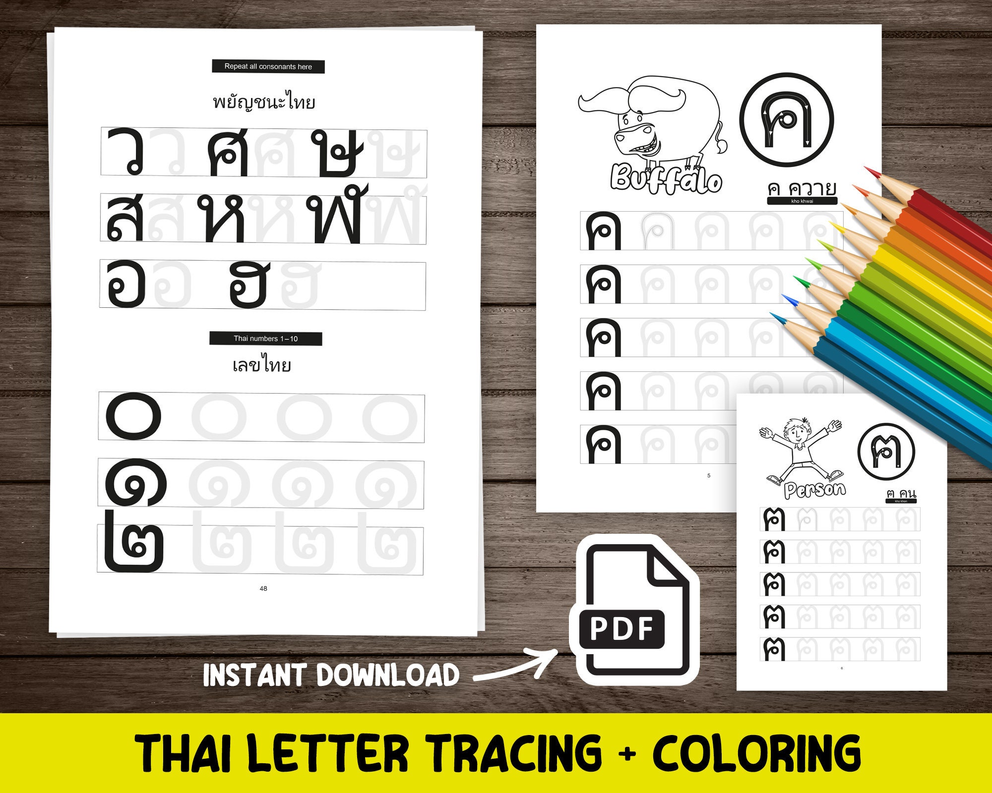 THAI LETTER TRACING Book, Learn to Write Thai Consonants, 44 Thai  Consonants/alphabets Letter Tracing Book With Words & Picture 