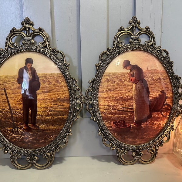 Vintage Convex, bubble glass Picture Frames with The Angelus Farmer & Wife