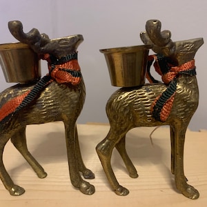 Vintage brass deer candlestick holder set