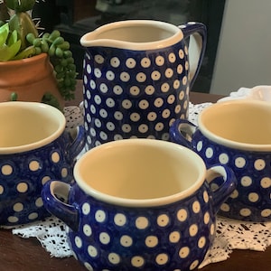 Boleslawiec pottery, pitcher, soup bowls, bullion cup