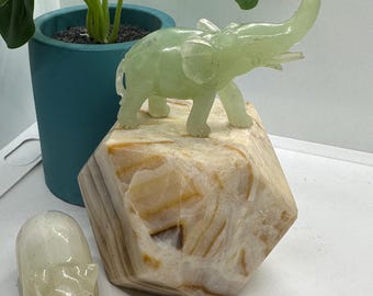 Vintage natural stone marble alabaster jade carved decorative beaver, elephant, multi side block