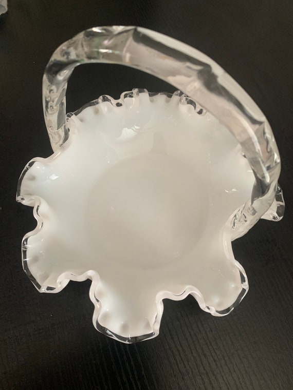 Fenton Silver Crest Ruffled Rim Basket W/handle White Milk Glass