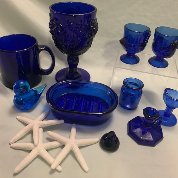 Vintage Cobalt Blue Glass Collection various pieces.