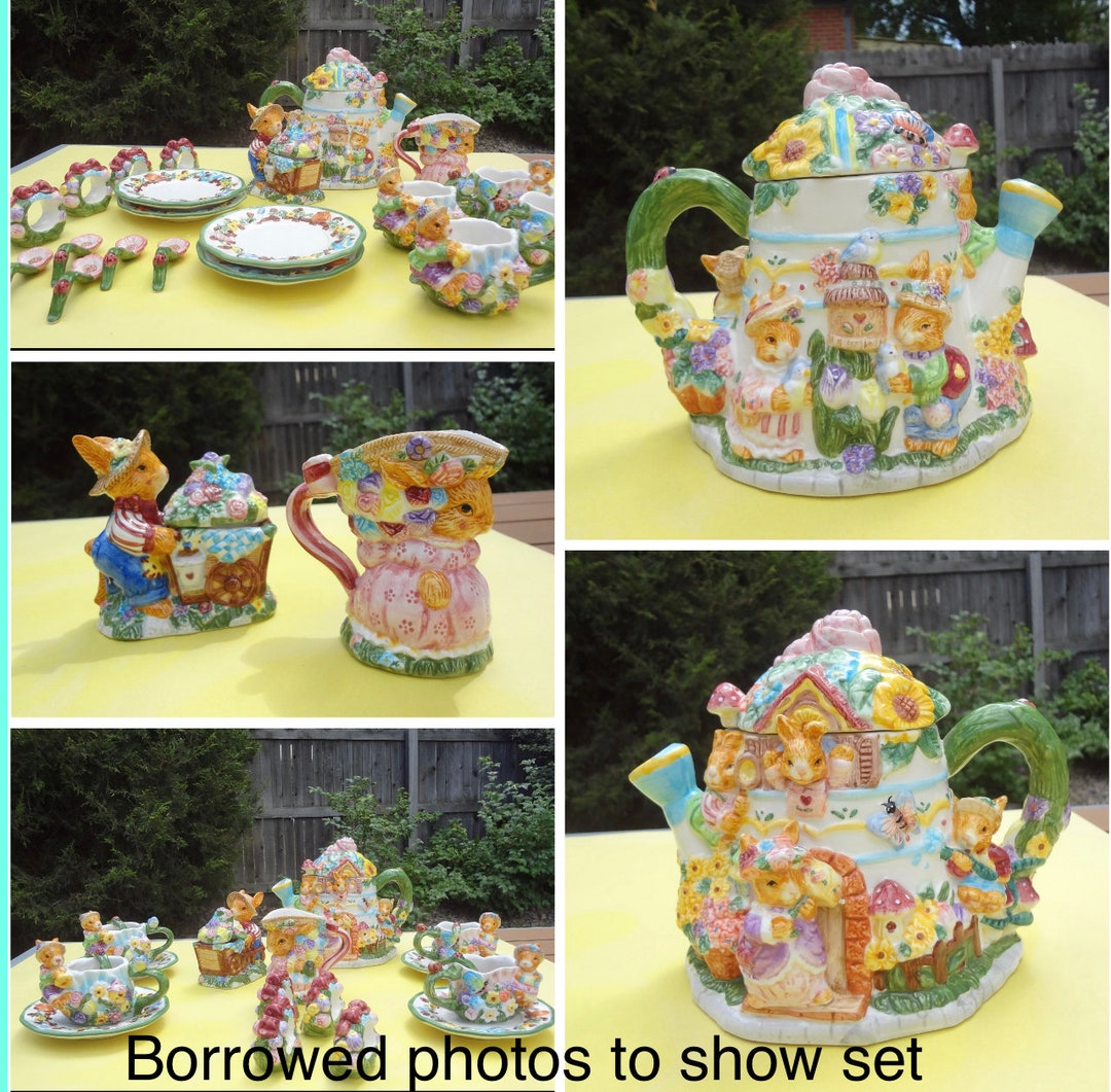 19pc. Springtime Tea Set Ceramic Hand Painted Bunny Rabbit Tea Set NEW