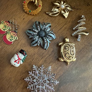 Può includere: Una collezione di nove spille e orecchini a tema natalizio. Le spille raffigurano un fiocco di neve, un albero di Natale, una tartaruga, una ghirlanda, un fiore e un pupazzo di neve. Gli orecchini sono un paio di orecchini a forma di pupazzo di neve.