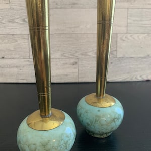 MCM Hand Painted Delft Holland Bud Vase Turquoise Ceramic Brass