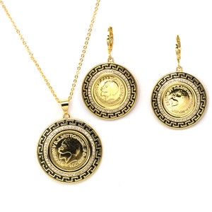 Gold Plated Golden Coins Pendant Necklace and Earrings Jewelry Set