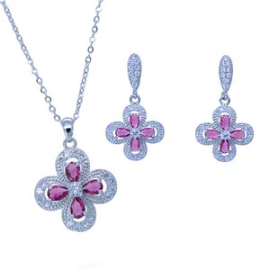 Rhodium Plated Simulated Ruby Cubic Zirconia Pendant Necklace Earrings Set.