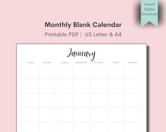 Monthly Blank Calendar, Sunday Start, Simple Calendar, Horizontal Printable Calendar Pages, Undated, PDF Printable, Instant Download
