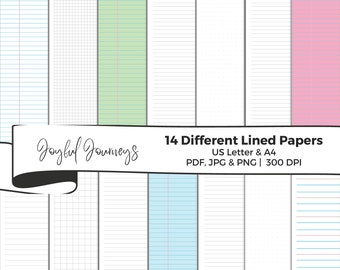 Paquete de papel rayado imprimible, regla universitaria de regla ancha, papel rayado para cuaderno, Pdf, Jpg, Png, carta estadounidense y A4, papel de escritura, hojas rayadas