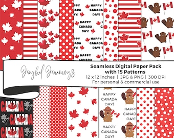 Canada Day Digital Paper, Red and White Scrapbook Paper, Happy Canada Day digital patterns, background, INSTANT DOWNLOAD, Commercial Use