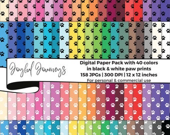 Paw Print Digital Paper: Rainbow Colors, Dog, Cat, Animal, Scrapbook (Instant Download, Commercial Use)