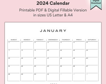 2024 Monthly Planner, Landscape, Calendar, Printable, Minimalist Simple Calendar, A4 and Letter size, Instant Download