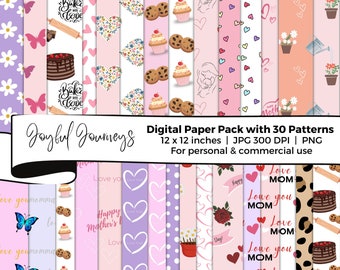 Mother's Day Digital Paper: Happy Mom Day, flowers, baking, Scrapbook, Heart (Instant Download)