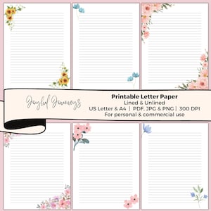 JW Letter Writing Stationery, Printable Floral Note Paper, Watercolor Flowers, Lined and Unlined, Letter Writing Set, Floral Letter Paper