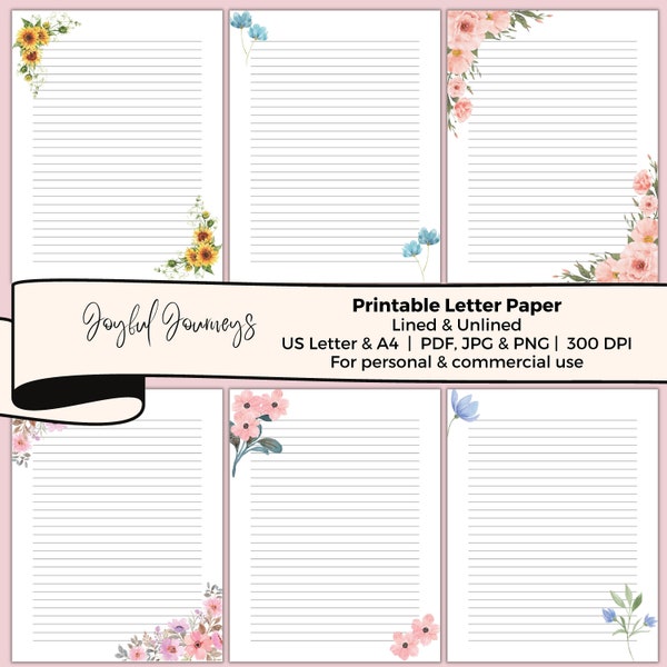 JW Letter Writing Stationery, Printable Floral Note Paper, Watercolor Flowers, Lined and Unlined, Letter Writing Set, Floral Letter Paper