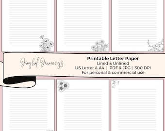 JW Letter Writing Stationery, Black and White Floral Paper, Printable Note Paper, Lined and Unlined, Letter Writing Set, Journal Paper