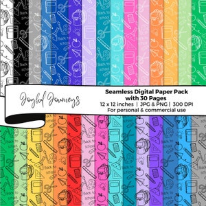 Papel digital con garabatos de regreso a clases, fondos escolares, patrón repetitivo sin costuras para maestros, álbum de recortes, descarga instantánea, uso comercial