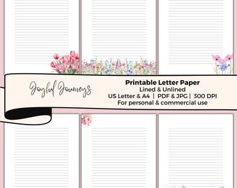 JW Letter Writing Stationery, Printable Floral Note Paper, Watercolor Flowers, Wildflowers, Lined Paper, Unlined