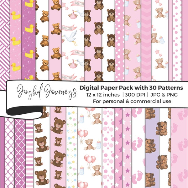 Baby Girl Digital Paper, Pink Digital Scrapbook Paper, New Baby, Teddy Bear background, Stars, Chevron, Polka Dots, INSTANT DOWNLOAD