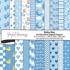 Papel digital para bebé niño, baby shower, papel para habitación infantil, fondos azules, patrones sin costuras, álbum de recortes, descarga instantánea, uso comercial