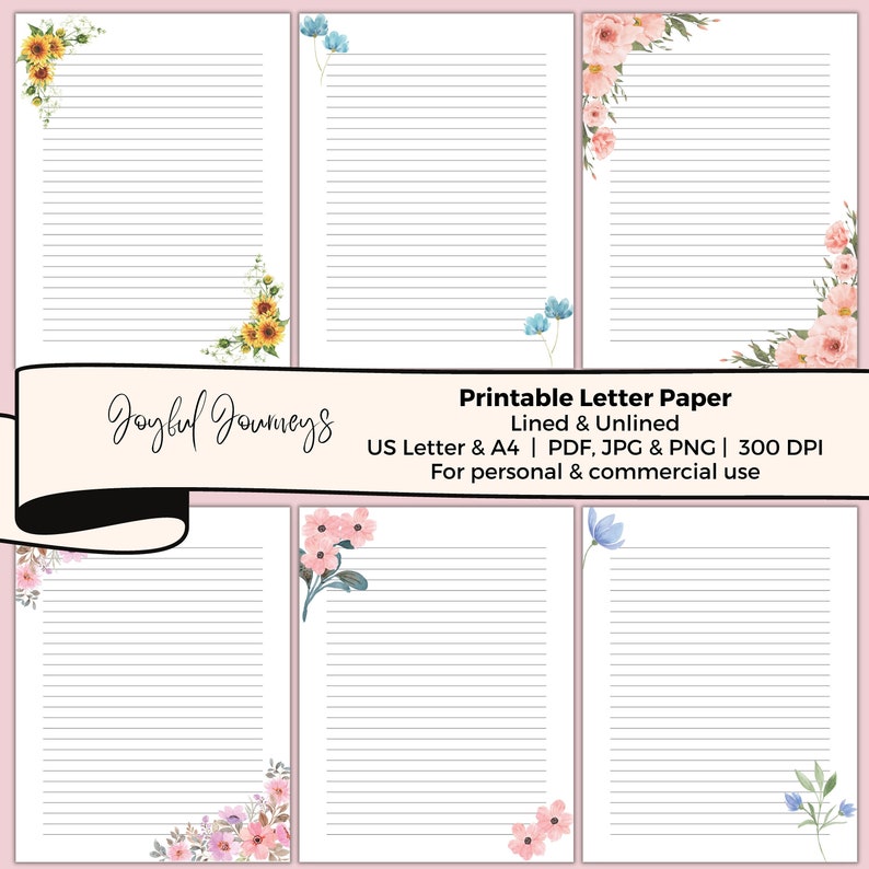 Floral Printable Letter Paper, Watercolor Flowers, Stationary, Writing