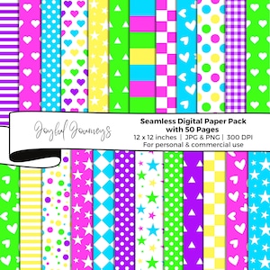 May include: A colorful digital paper pack with various patterns, including hearts, stars, polka dots, and geometric shapes. The pack includes 50 pages, each 12 x 12 inches, for personal and commercial use. The image also includes the text "Joyful Journeys".