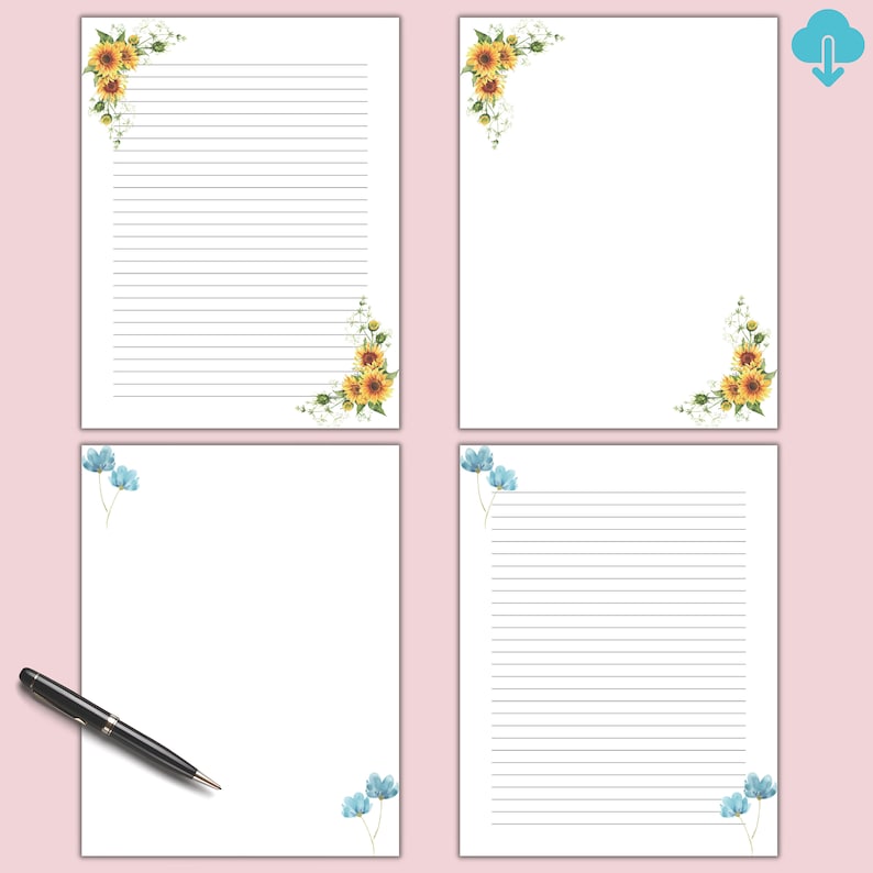 Floral Printable Letter Paper, Watercolor Flowers, Stationary, Writing