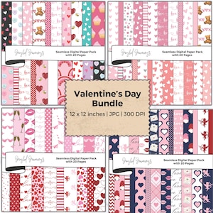 Seamless Patterns Bundle, Valentine&#39;s Day Patterns, Backgrounds, Printable Digital Papers, Scrapbook Paper, Heart, Love, Instant Download
