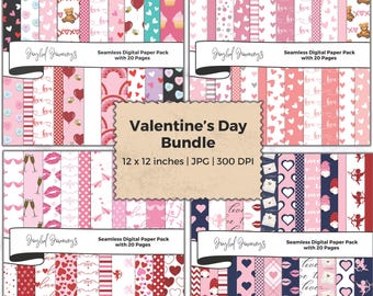 Papel digital de San Valentín: Paquete de patrones sin costuras, corazones, amor, imprimible, papel para álbumes de recortes (descarga instantánea)
