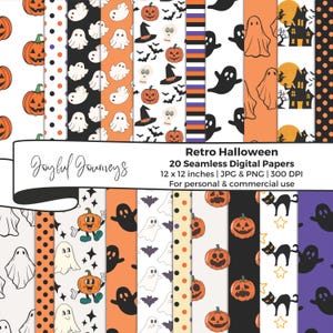 Retro Halloween Cyfrowy Papier, Uroczy Duch, Halloween Bezszwowy Wzór, Dynia Do Wydruku, Retro Tło, Natychmiastowe Pobieranie, Komercyjne Wykorzystanie