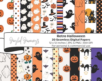 Halloween Digital Paper: Retro, Ghost, Seamless Pattern, Pumpkin Printable, Commercial Use (Instant Download)