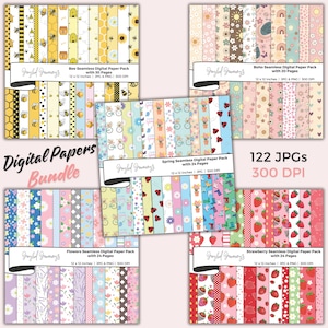 May include: A digital paper bundle containing 122 JPGs at 300 DPI. The bundle features four different themes: bees, flowers, spring, and strawberries. Each theme has a variety of colourful patterns and designs.