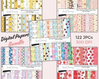 Digital Papers Bundle, Spring, Bee, Strawberry, Flowers, Boho Backgrounds, Seamless Patterns, Scrapbook Paper, Commercial Use