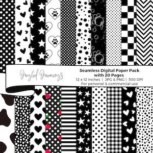 Schwarz und weiß, Digital Papier, Nahtlos, Herzen, Sterne, Pfoten Abdruck, Gingham, Polka Dot, Kuh Druck, Kariert, Scrapbook, SOFORT DOWNLOAD