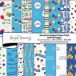 Birthday Digital Paper: Blue, Boy Party, Invitation, Seamless Patterns, Candles, (Instant Download, Commercial Use)