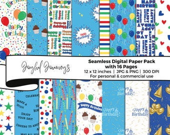 May include: A digital paper pack with 16 different patterns featuring birthday themes. The patterns include colorful balloons, candles, cupcakes, stars, confetti, and the text "Happy Birthday".