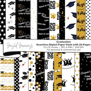 May include: A digital paper pack with a graduation theme. The pack includes 20 pages with various designs in black, white, and gold. Designs include graduation caps, diplomas, and the text "Class of 2026" and "Congrats!" Each page is 30.48 x 30.48 cm.