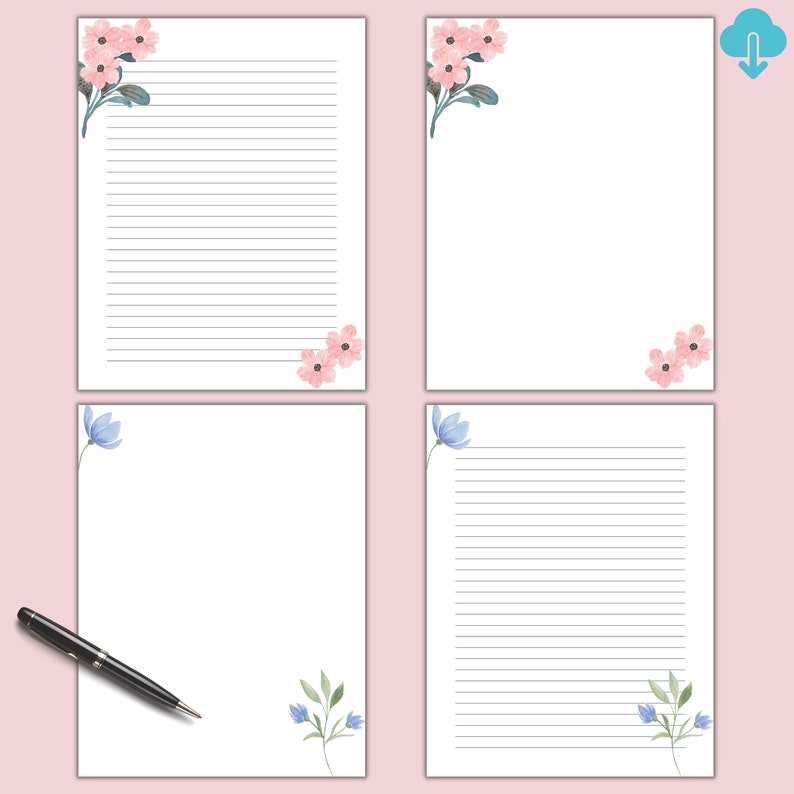 Floral Printable Letter Paper, Watercolor Flowers, Stationary, Writing