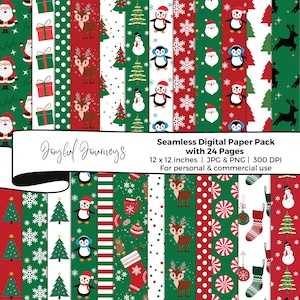 Christmas Digital Paper, Holiday Scrapbook Papers, Seamless Christmas background, Red, Green, Commercial Use, Instant Download