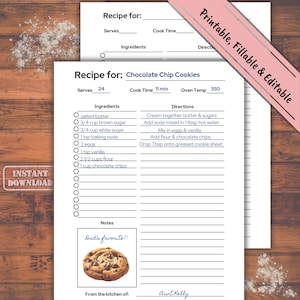 Recipe Book Template Printable, EDITABLE Recipe Card, Recipe Planner, Minimal Recipe Binder, Blank Recipe, A4/A5/Letter, Instant Download