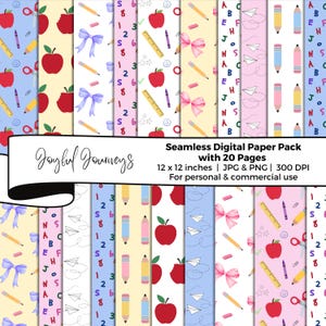 May include: A digital paper pack with 20 pages. The patterns feature school-themed designs such as apples, pencils, rulers, and paper aeroplanes. The pack includes JPG and PNG files, 30.48 x 30.48 cm, suitable for personal and commercial use.