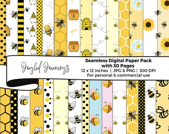 Bee Digital Paper, Bee Scrapbook Paper, Honey Bee Background, Digital Paper Bees, Bees Party Papers, Gnomes, Polka Dots, INSTANT DOWNLOAD